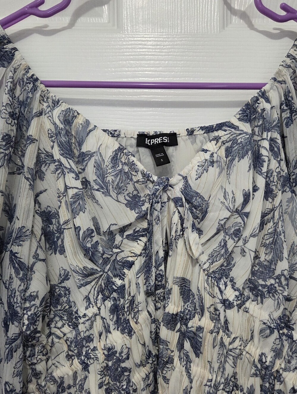 Express Boho Blue Floral Puff Long Sleeve Smocked Waist Peasant Top Size Small - Picture 3 of 9
